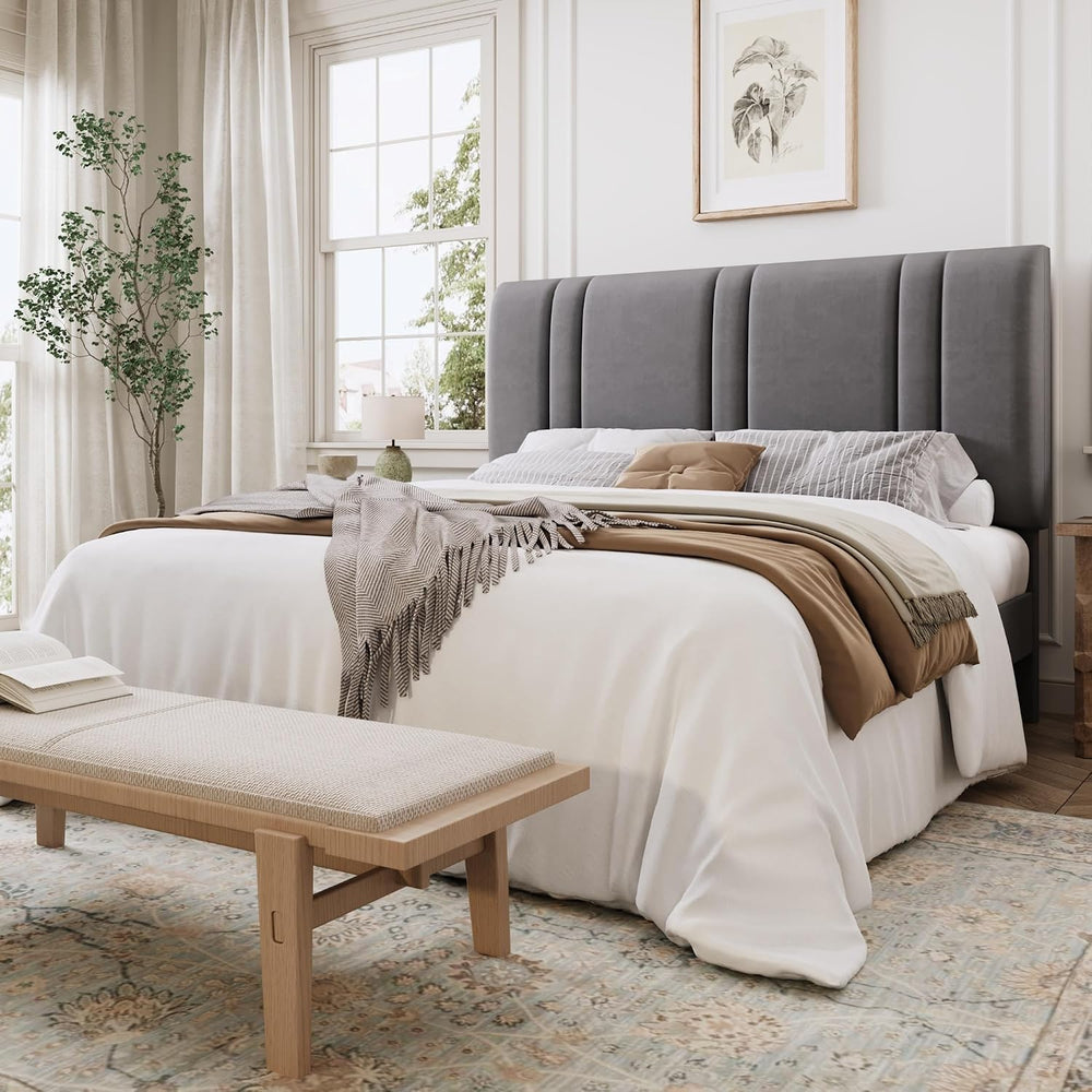 SHA CERLIN Queen Size Velvet Bed Frame with Adjustable Headboard, Grey
