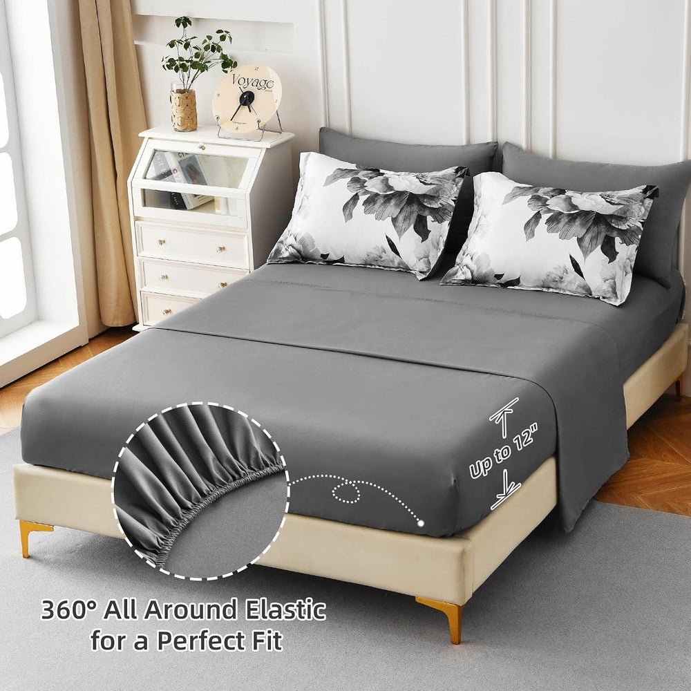 Dobuyly Grey Twin Comforter Set 5 Piece Bed in a Bag, Gray and White Floral C...