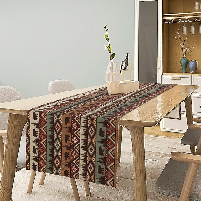 Rustic Bear Table Runner, Cabin Wild Animal Deer Moose Pine Tree Aztec Native - Image 3