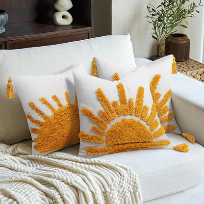 Adabana Boho Decorative Throw Pillow Covers 18x18 Tufted Yellow Sun Sunshine - Image 5