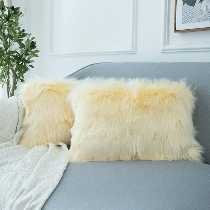 LIGICKY Set of 2 Decorative Lumbar Pillow Covers Soft Light Yellow Fluffy Throw by LIGICKY