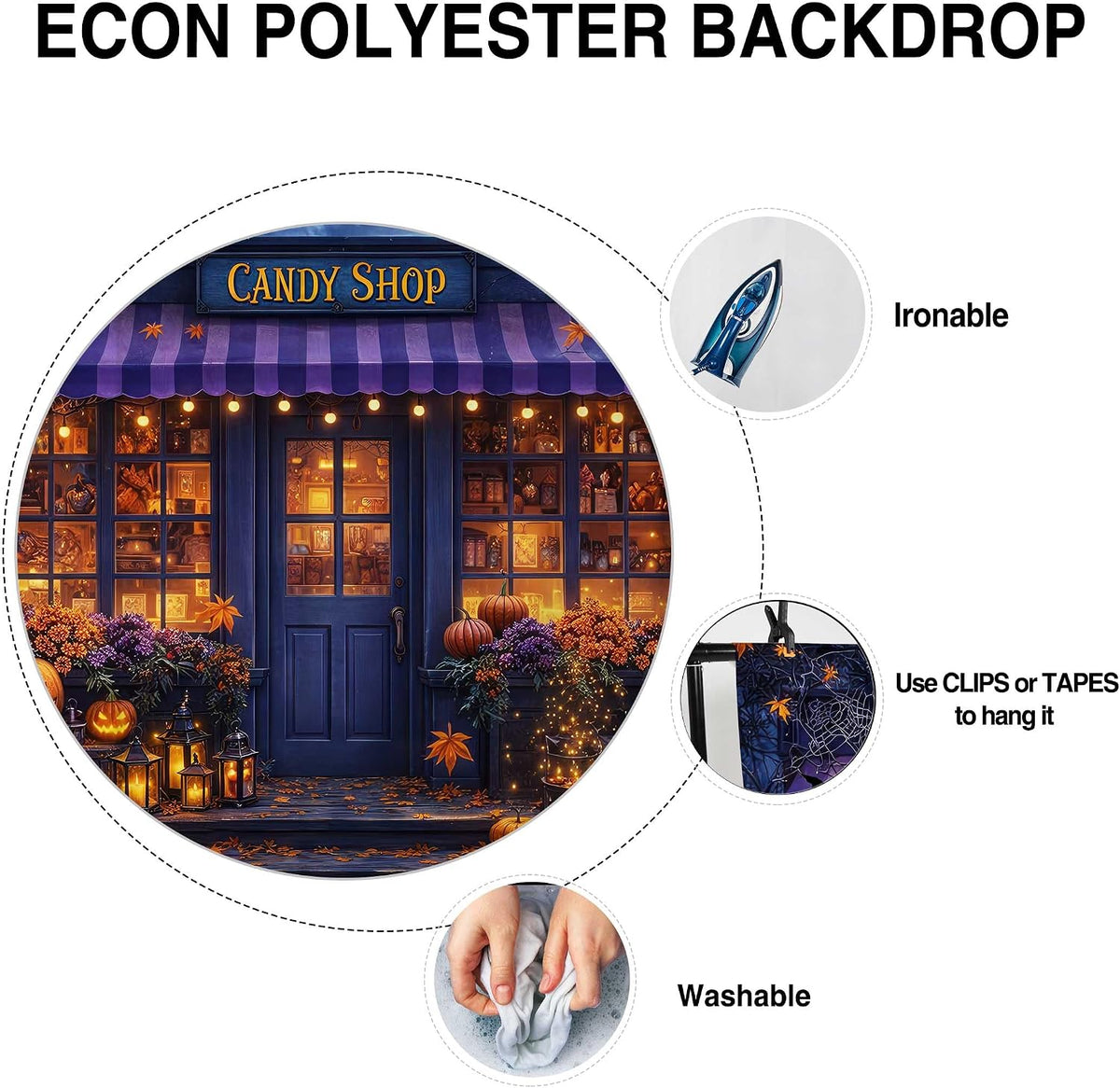 Allenjoy 96" x 72" Halloween Candy Shop Photography Backdrop with Photo Booth Props, Party Decorations, Supplies and Favors