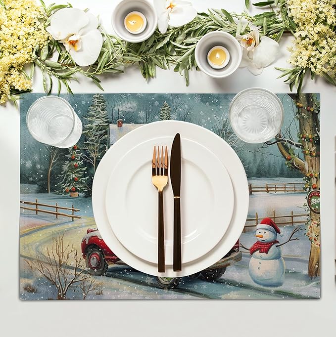 Red Truck Xmas Tree Snowman Christmas Placemats Set of 4 Winter Snowflake - Image 3