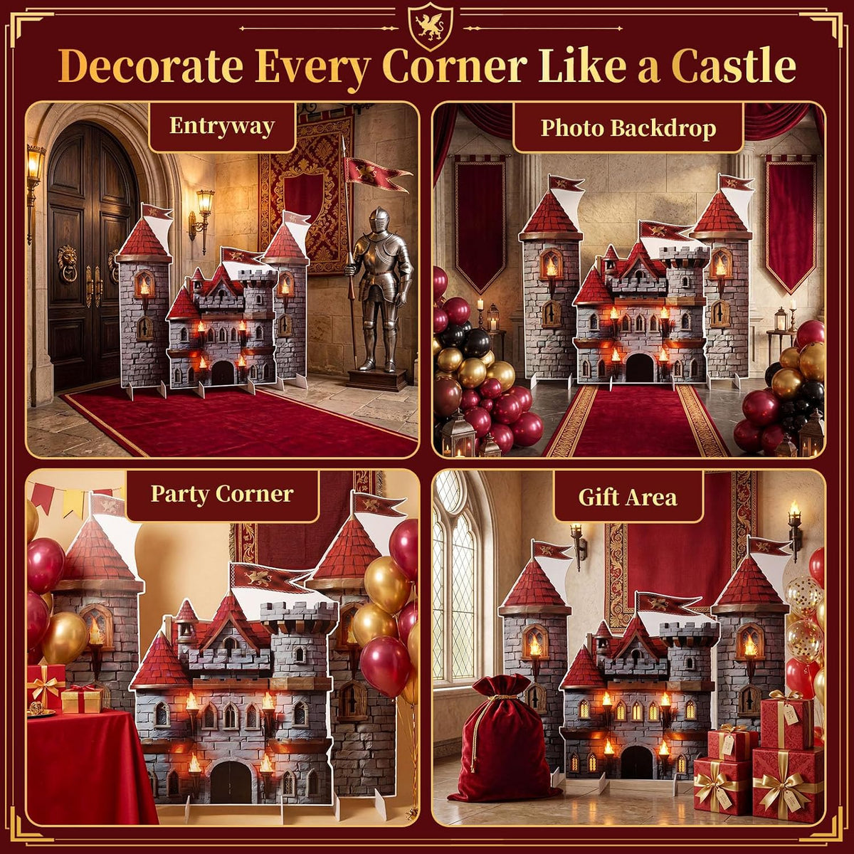 Novabright 3 Pcs Medieval Castle Backdrop Stand with Bases, Large Stone Knight and Castle Party Decorations, Freestanding Corrugated Plastic Photo Booth Props for Birthday Halloween Dragon Party