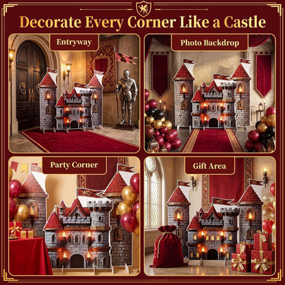 Novabright 3 Pcs Medieval Castle Backdrop Stand with Bases, Large Stone Knight and Castle Party Decorations, Freestanding Corrugated Plastic Photo Booth Props for Birthday Halloween Dragon Party