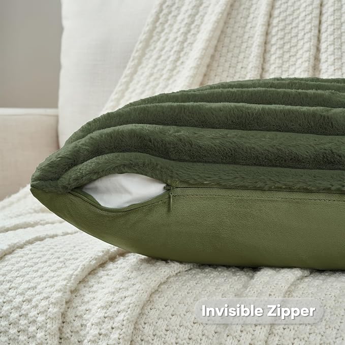 FUTEI Olive Green Throw Pillow Covers Set of 2, 12x20 Inch Striped Texture - Image 3