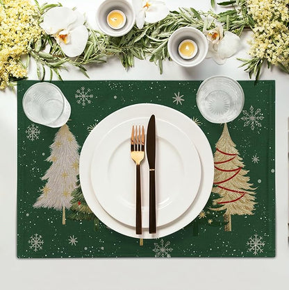 Green Christmas Tree Placemats Set of 4, 12x18 Inch Xmas Trees Snowflakes - Image 3