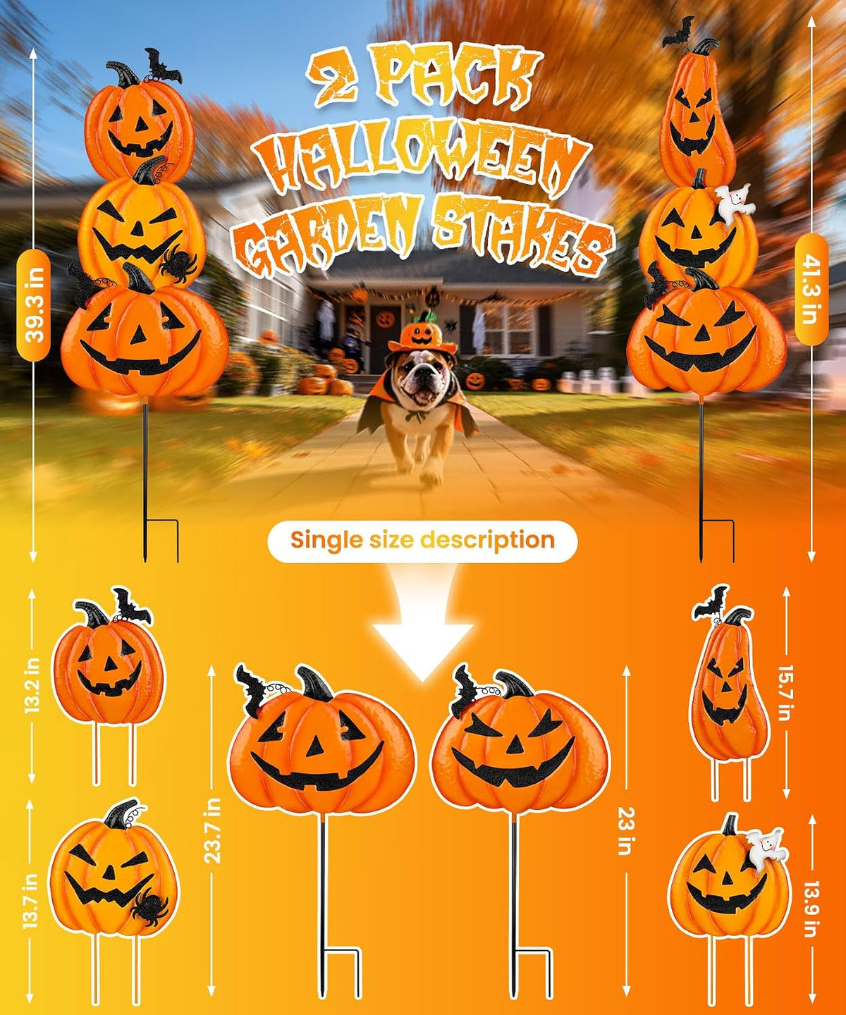 2 Pack Halloween Garden Stakes - Stacked Metal Pumpkins Jack-o-Lantern Lawn Decor, Scary Metal Yard Signs Stake Outdoor Decorative Pumpkin Home Lawn Pathway Decor