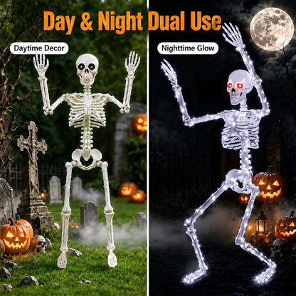 Halloween Decorations Outdoor Skeletons Set - 2 Pack 36" (90cm) Light Up Skeleton with LED Lights & 2 Red Eyes, Poseable Full Body, Indoor Halloween Decor for Yard, Porch (White)