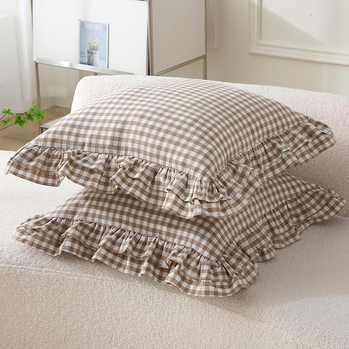 Aryeleay 2 Pack Taupe White Plaid Ruffle Throw Pillow Covers, 100% Cotton - Image 2