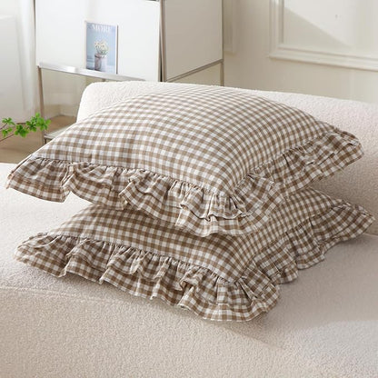 Aryeleay 2 Pack Taupe White Plaid Ruffle Throw Pillow Covers, 100% Cotton - Image 2