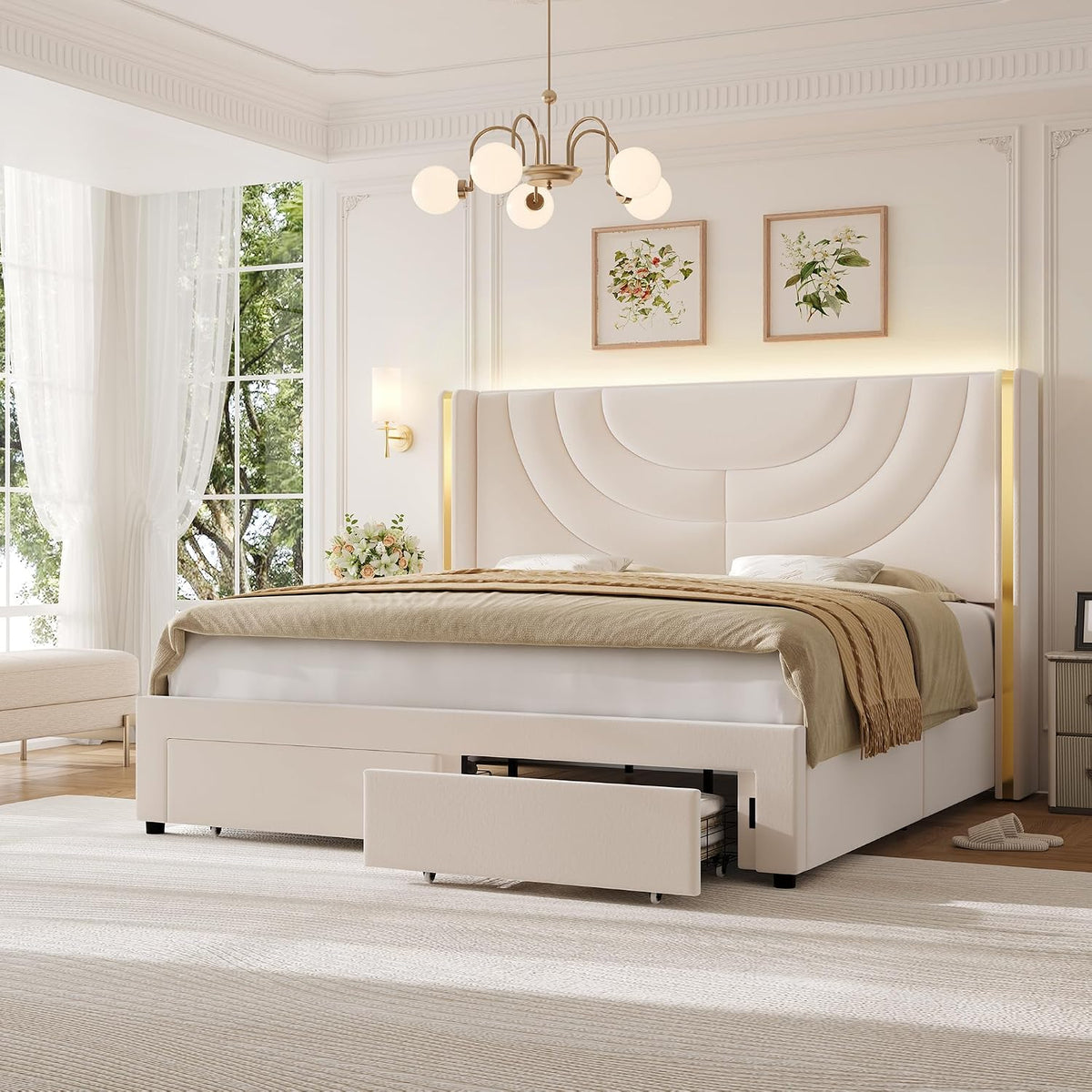 hithos queen upholstered platform bed frame, led storage, main product view