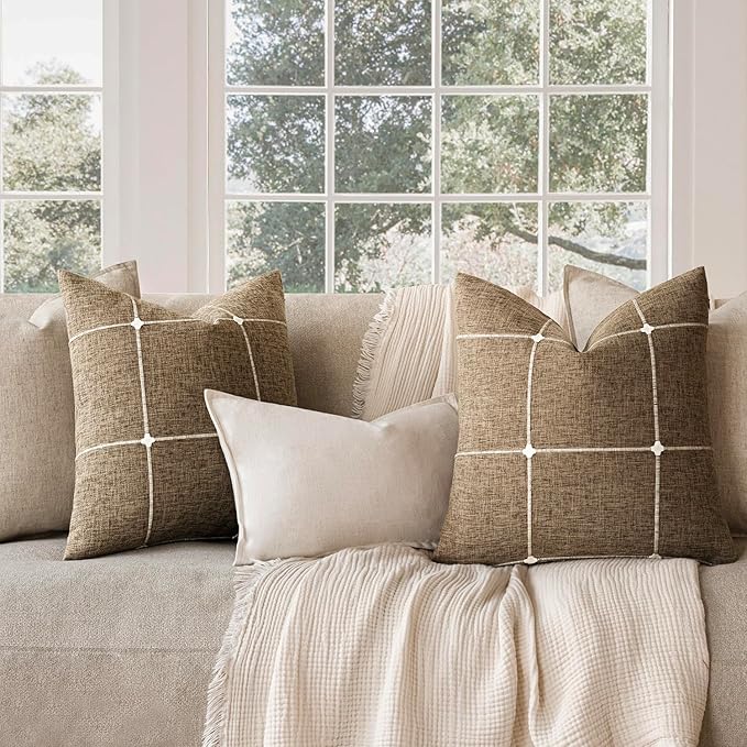 Foindtower Pack of 2 Decorative Faux Linen Jacquard Check Throw Pillow Covers - Image 7
