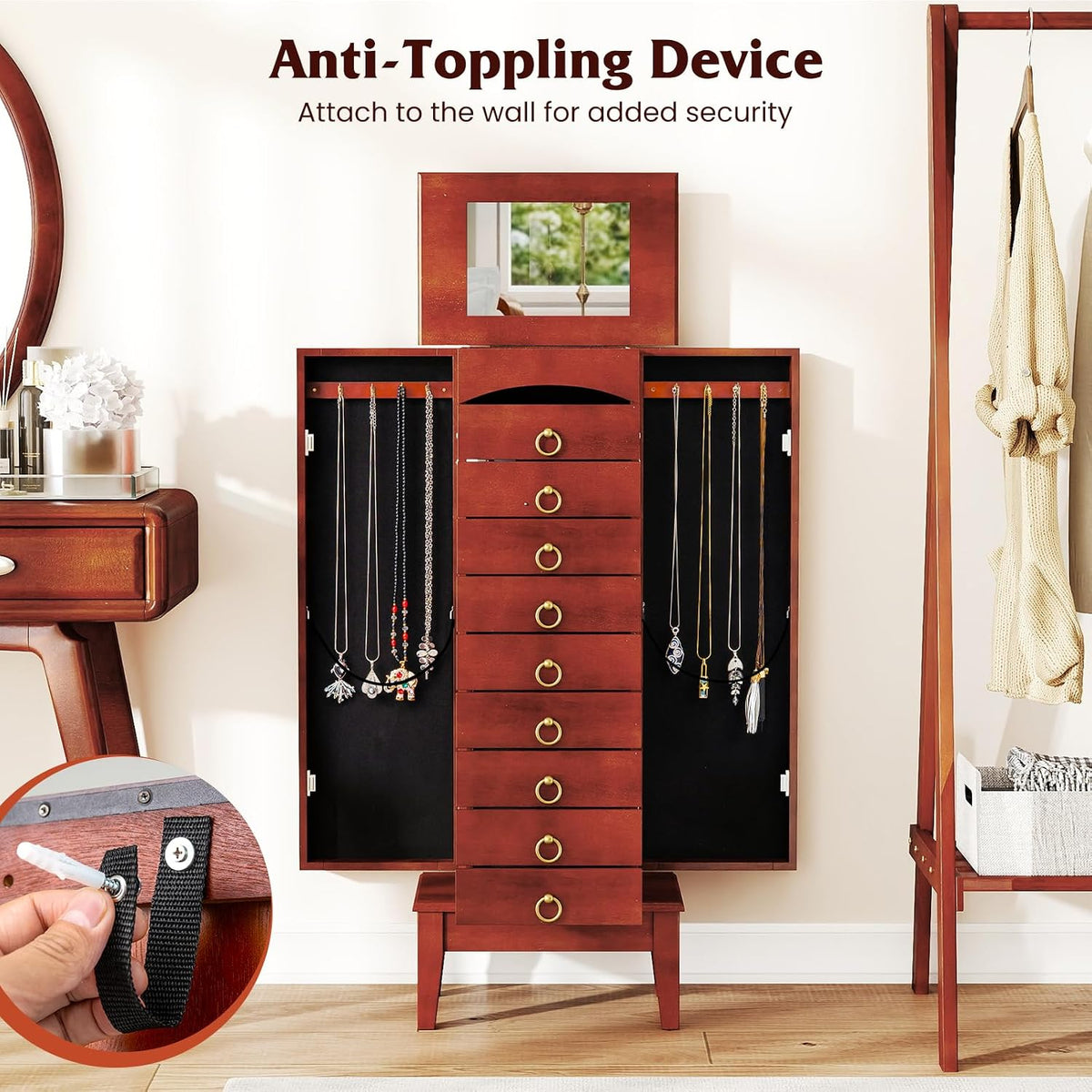 giantex standing jewelry cabinet with 9 drawers, flip, front angle view