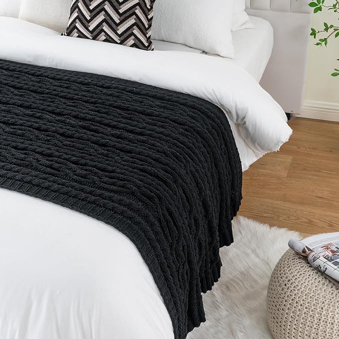 Battilo Black Throw Blanket for Couch, Cable Knit Blanket for Bed, Home Decor - Image 4