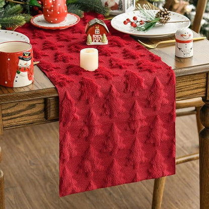 Artoid Mode Christmas Trees Red Soft Plush Faux Fur Jacquard Christmas Table by ArtoidMode