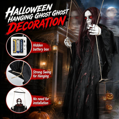 59" Scary Hanging Ghost Girl Halloween Decoration – Sound & Touch Activated Swinging Doll with Red Eyes & Creepy Sounds, Outdoor/Indoor Decor for Haunted House, Graveyard, Yard & Party