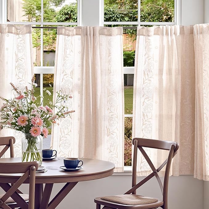 jinchan Winslow Linen Curtains 45 Inch Length Small Window Curtains Embroidered - Image 3