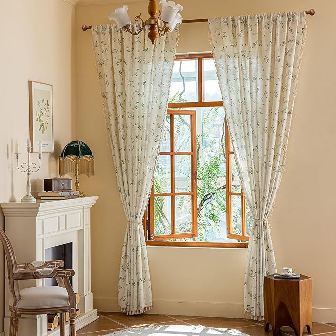 ENJOYBRIDAL White Floral 63 Inch Curtains 2 Panel Set Bedroom Tassel Drapes - Image 4