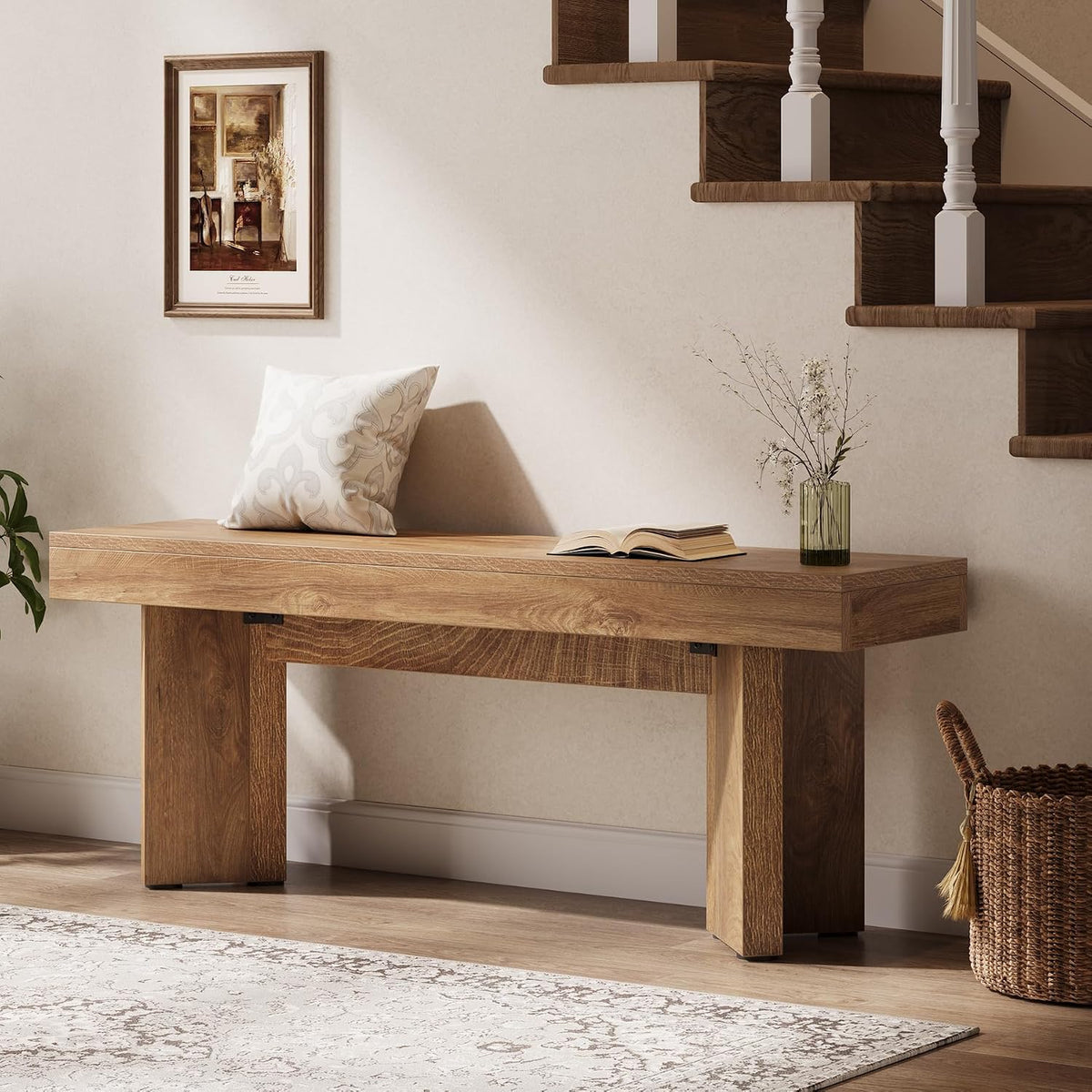 tribesigns 47" wooden entryway bench, farmhouse indoor end showing dimensions