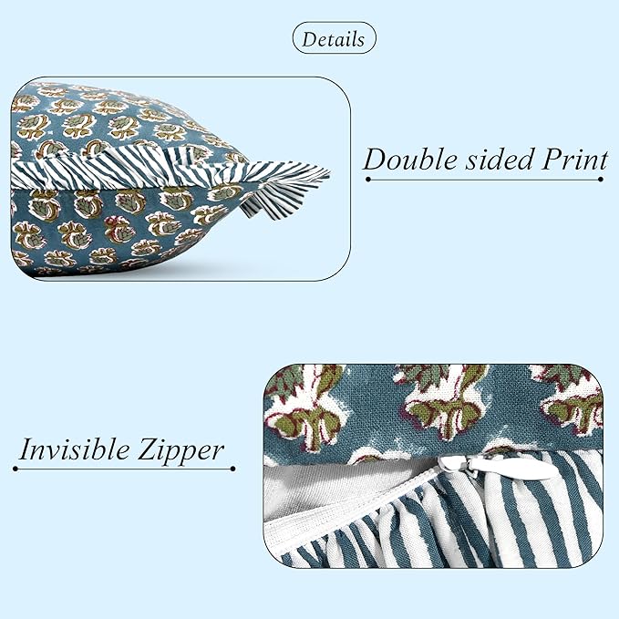 Ridhi Peacock Blue 100% Cotton Block Print Ruffle Lumbar Sham Cover Handmade - Image 2