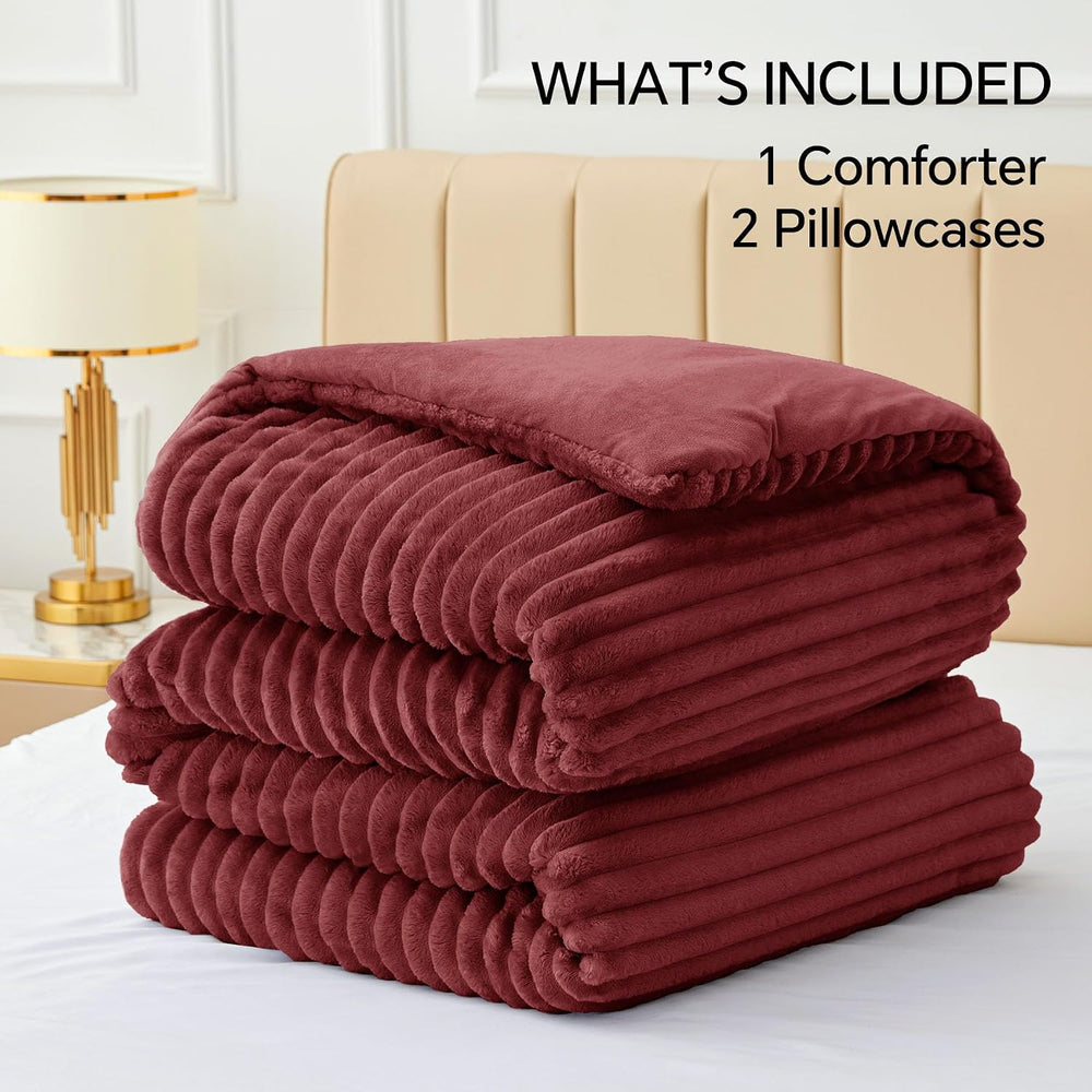 BEDELITE Fleece Queen Comforter Set, Fluffy Bed Set, Burgundy