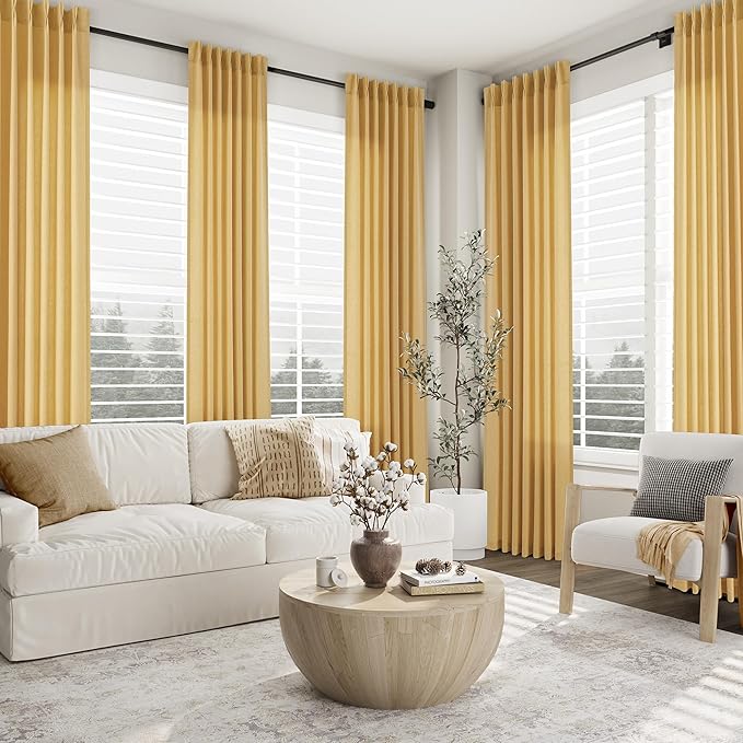 Gold Yellow Pinch Pleated Linen Curtains 108 Inch Length 2 Panels - Image 7