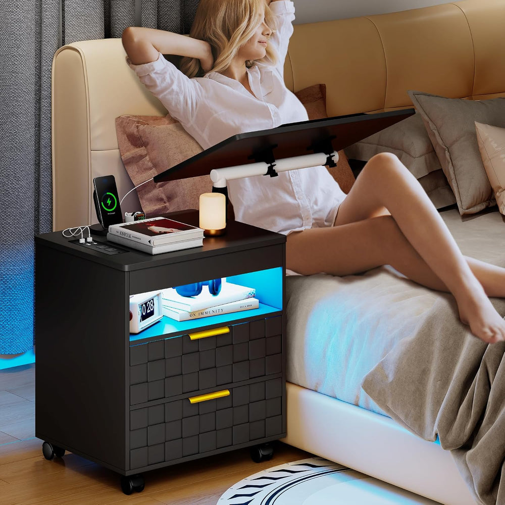 Lareth Rolling Nightstand with Wheels, LED Lights, Charging Station