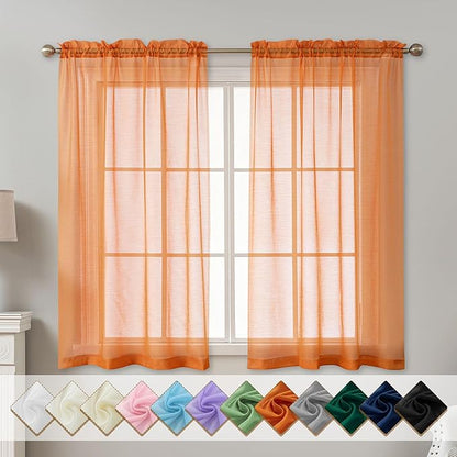 Orange Sheer Curtains 54 Inch Length, Privacy Semi Sheer Curtains by ABLUEN