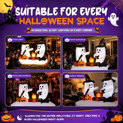 Halloween Inflatables Outdoor Decorations, 5.5FT Blow Up Yard Decorations Twin Ghosts with Campfire Pumpkin Black Cat, Built-in LED Lights, 7 Stakes 3 Hooks for Lawn Porch Party