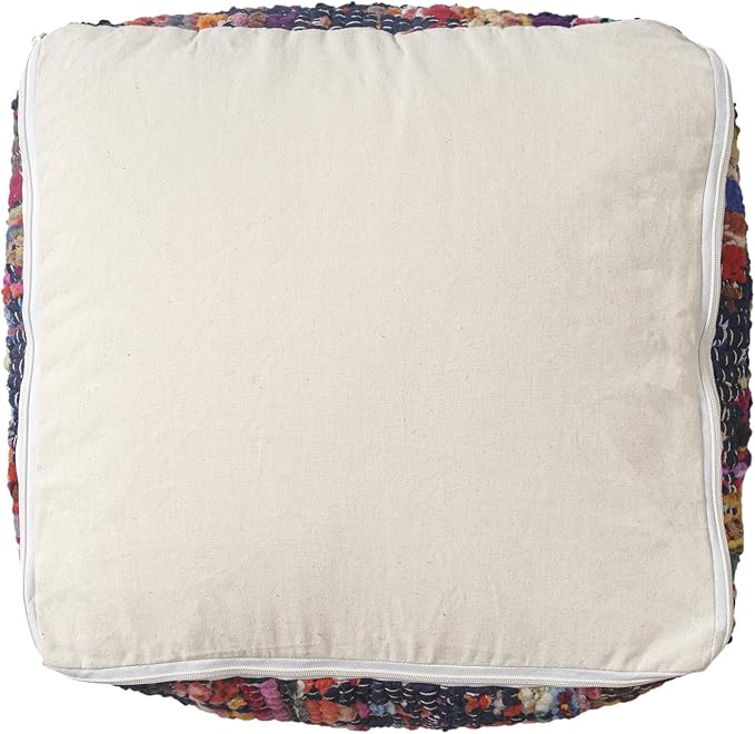 LR Home Denim Bordered Shabby Chic Hand-Loomed Cotton Jute Cube Pouf - Image 5