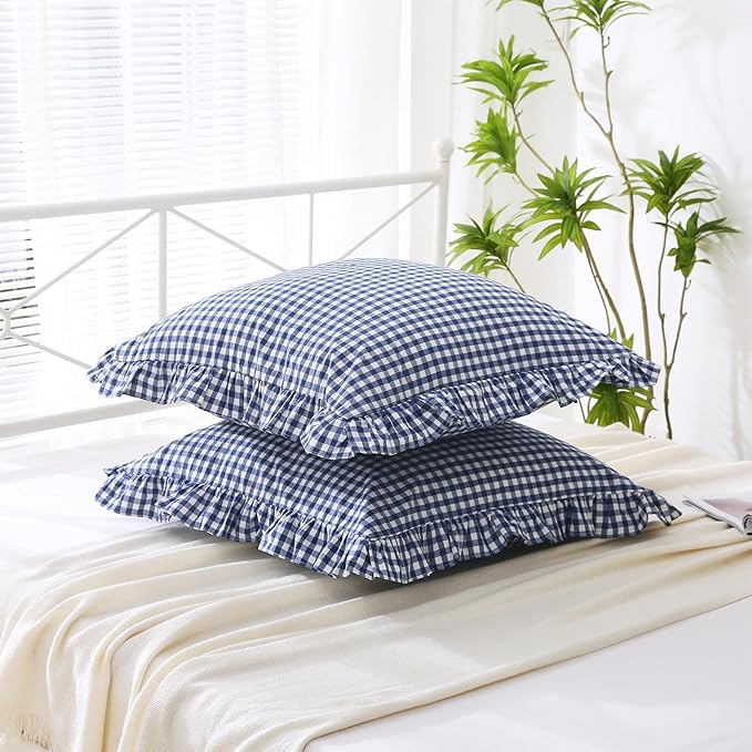 2 Pack Navy Blue White Plaid Ruffle Euro Gingham Throw Pillow Covers, 100% - Image 3