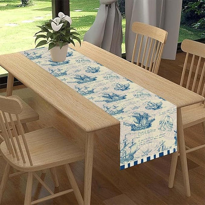 Nautical Table Runner, Retro Coastal Sailing Ship Compass Starfish Octopus - Image 2