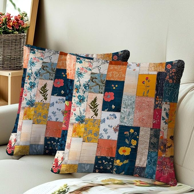 Floral Patchwork Style Pillow Covers 18x18 Set of 2 | Farmhouse Style - Image 3