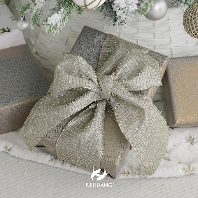 HUIHUANG Champagne Glitter Wired Ribbon 4 inch - Image 3