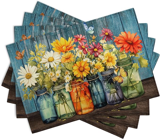 Rustic Daisy Placemats Set of 4 Vintage Flower Vases Wood Grain Linen Table - Image 2
