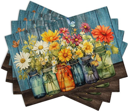 Rustic Daisy Placemats Set of 4 Vintage Flower Vases Wood Grain Linen Table - Image 2