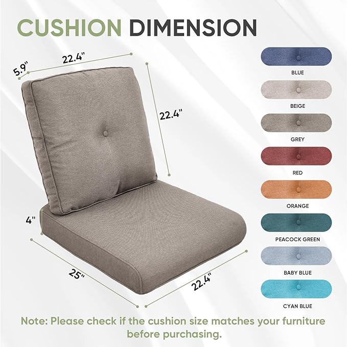 Outdoor Chair Cushions Set of 2, Waterproof Outdoor Seat Cushion 25x22 - Image 7