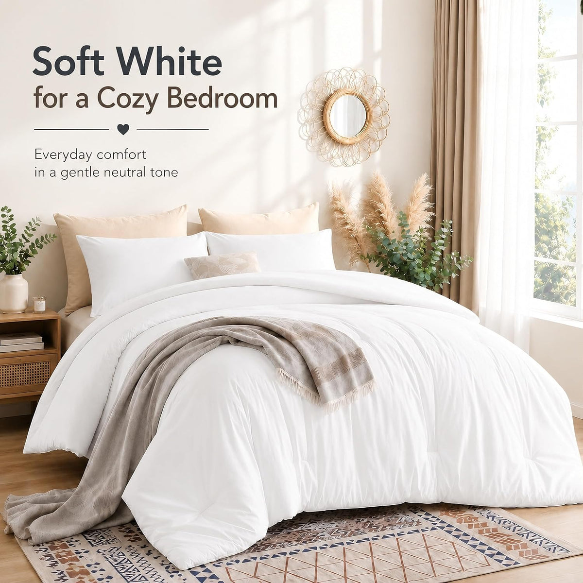 weigelia white comforter set queen size, all season shown in use