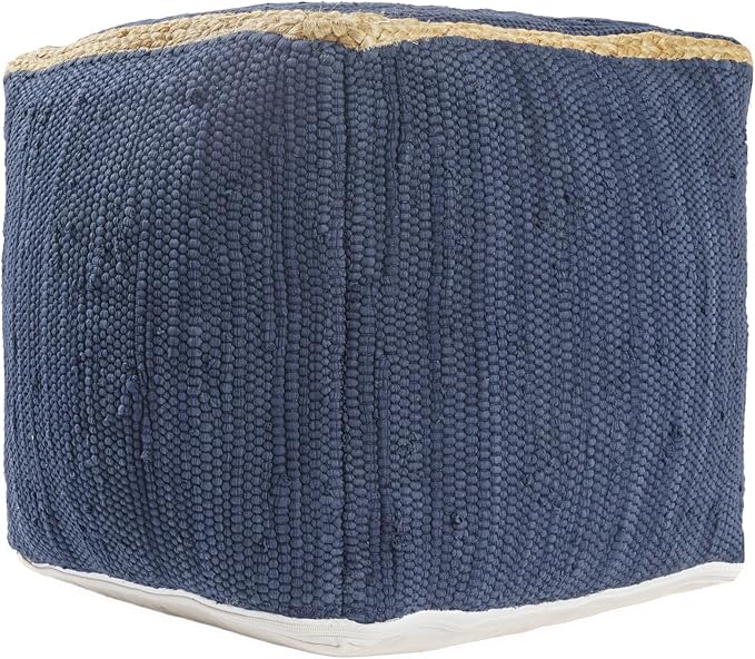 LR Home Indigo Bordered Transitional Hand-Loomed Cotton Pouf - Image 2