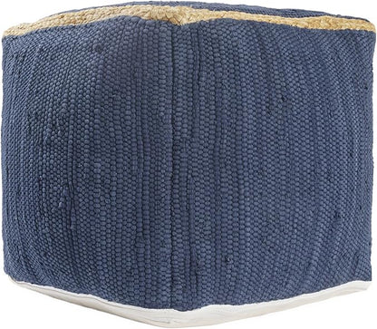 LR Home Indigo Bordered Transitional Hand-Loomed Cotton Pouf - Image 2