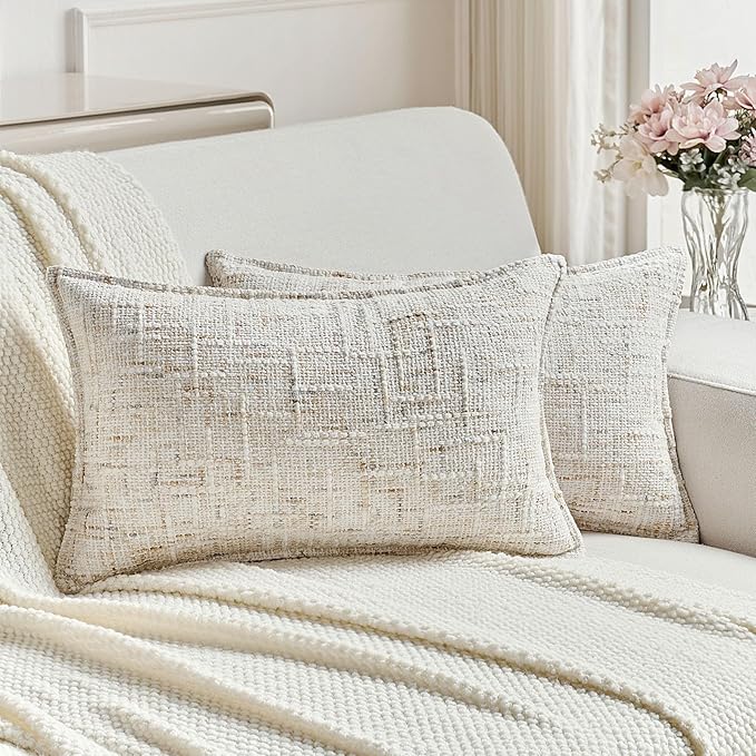 FUTEI Cream Decorative Throw Pillow Covers 12x20 Inch Set of 2, Soft Chenille by FUTEI