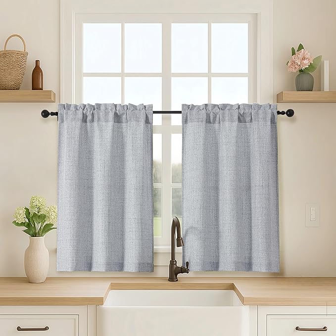 OVZME 2 Panels Grey Cafe Curtains 36 Inch Length, Thick Textured Small Kitchen by OVZME