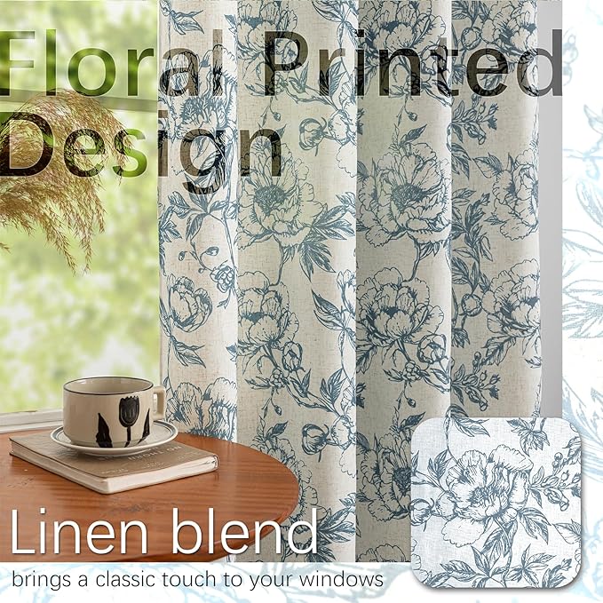 Blue Floral Curtains Farmhouse Linen 84 Inches Length Grommet Top Curtain - Image 3
