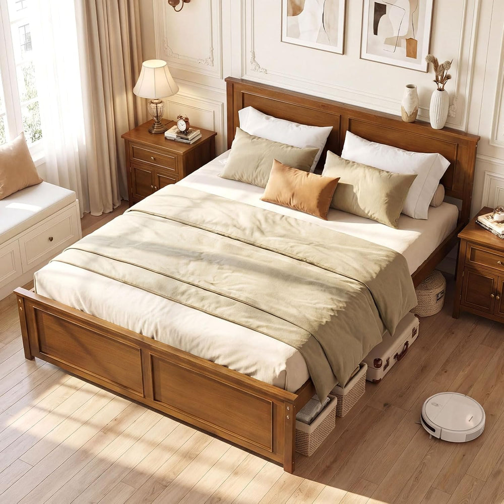 GIANTEX Wood Queen Size Bed Frame with Headboard, Farmhouse Solid Platform Be...