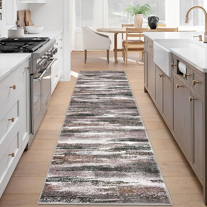 Modern Abstract Runner Rug 3x8, Dark Light Brown White Washable Kitchen Runner - Image 2