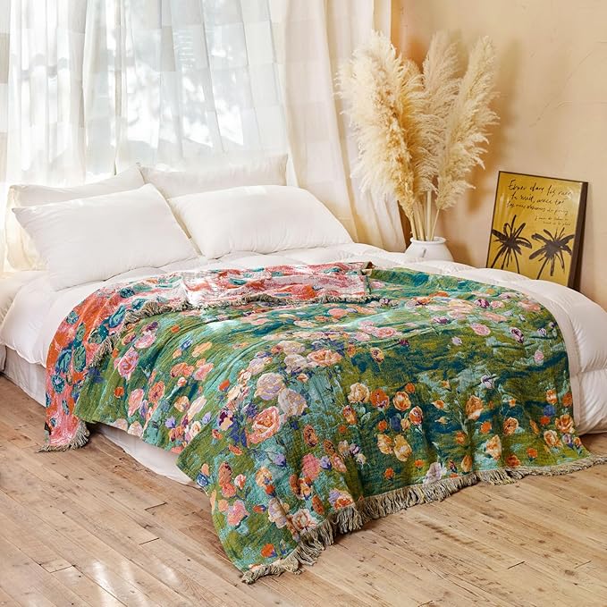 MSGKV Boho Throw Blanket for Bed Cotton Floral Twin Size Couch Blanket 60"x80" - Image 5