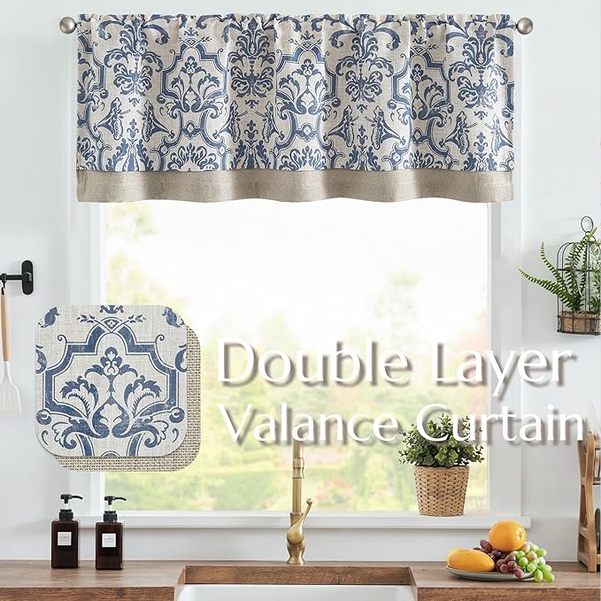 jinchan Linen Valance Curtain for Kitchen Vintage Damask Floral Blackout - Image 2