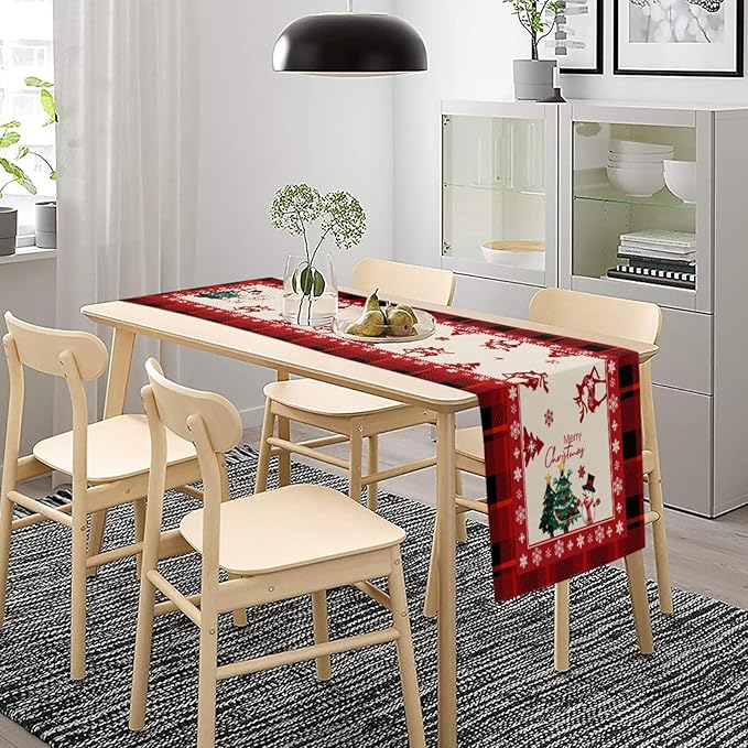 Merry Christmas Table Runner, Snowman Deer Elk Christmas Tree Table Runners - Image 6
