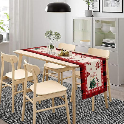 Merry Christmas Table Runner, Snowman Deer Elk Christmas Tree Table Runners - Image 6